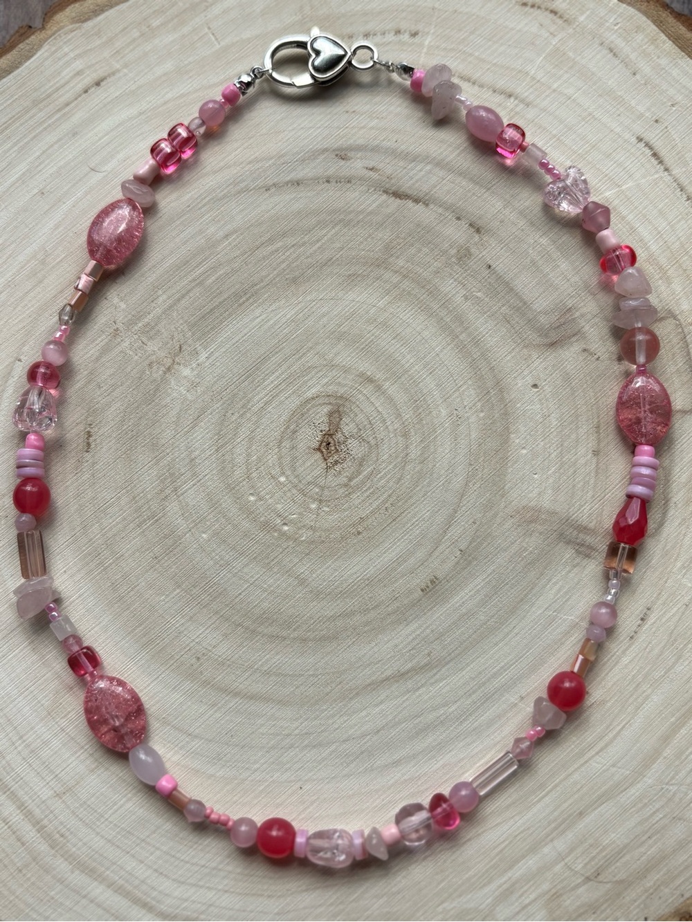 Artisan Made Rose Quartz, Shell Czech Bead Necklace With Heart Toggle Closure